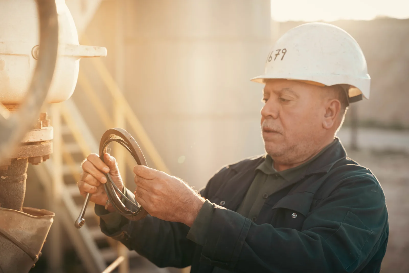 An engineer in a hard hat inspecting industrial machinery outdoors