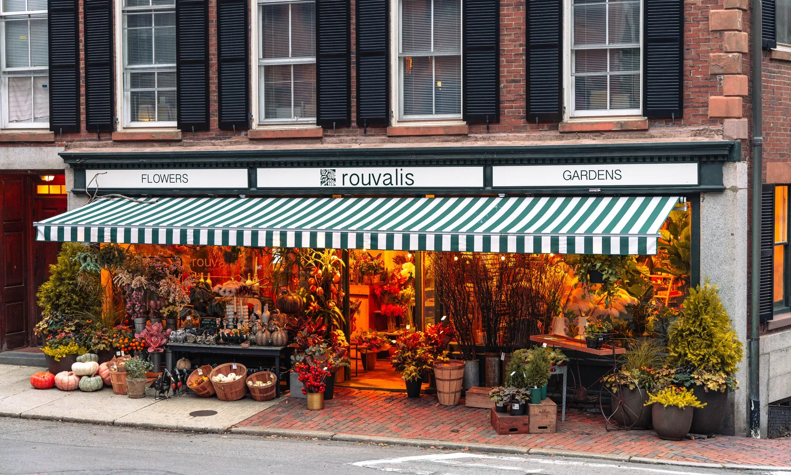 A flower shop on a Boston street in autumn