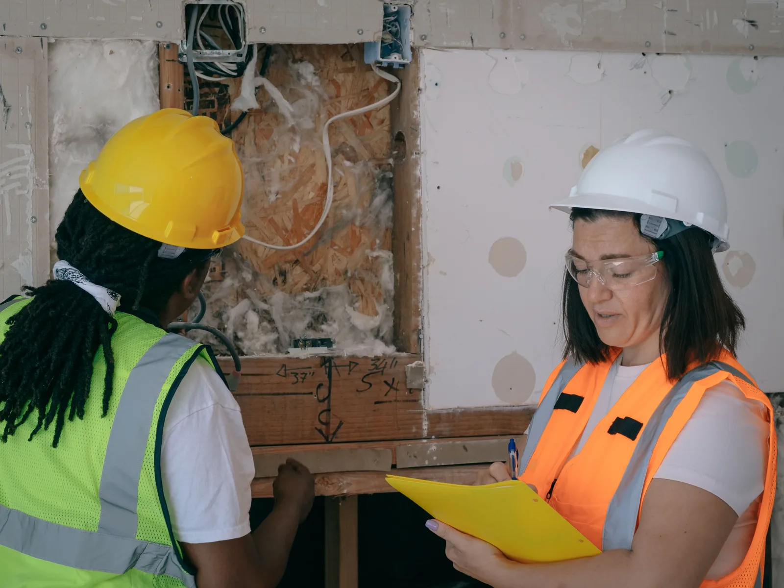 Two workers in hi-vis vests and hard hats making notes at an opened wall with exposed wiring and junction boxes