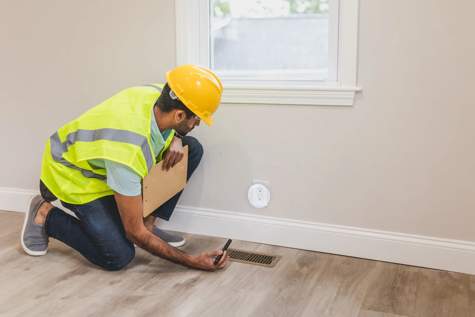 A technician in a hard hat and high visibility vest kneeling at a floor supply vent with a clipboard and a flashlight