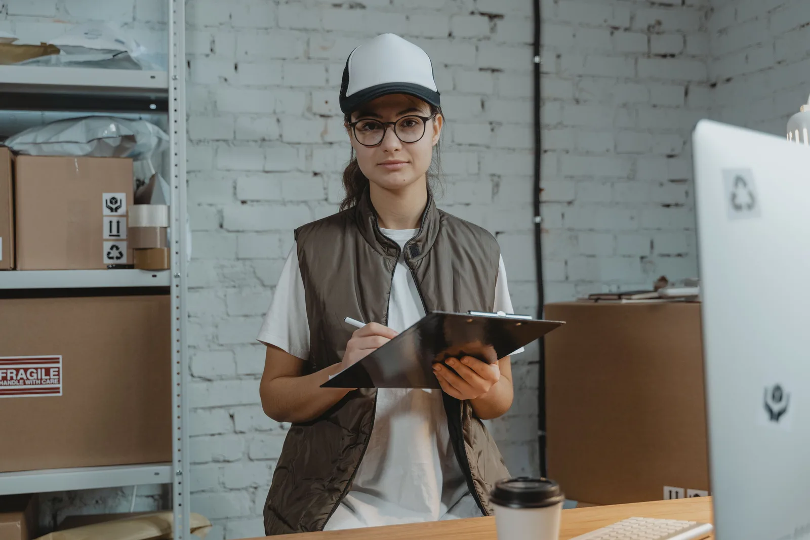 Warehouse worker checking stock against a clipboard beside shelves of boxes