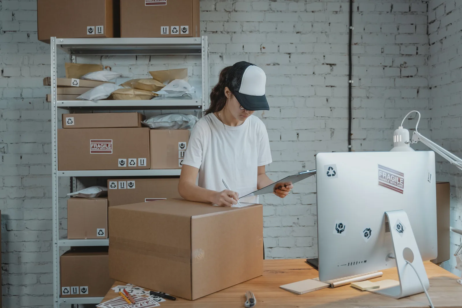 Worker with a clipboard checking off packed boxes on a stockroom shelf