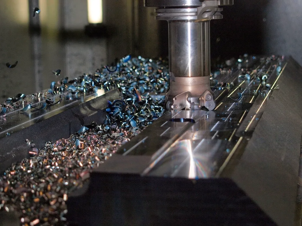 A rotating face mill cuts a steel workpiece inside a machining centre, with curled metal chips heaped along the table
