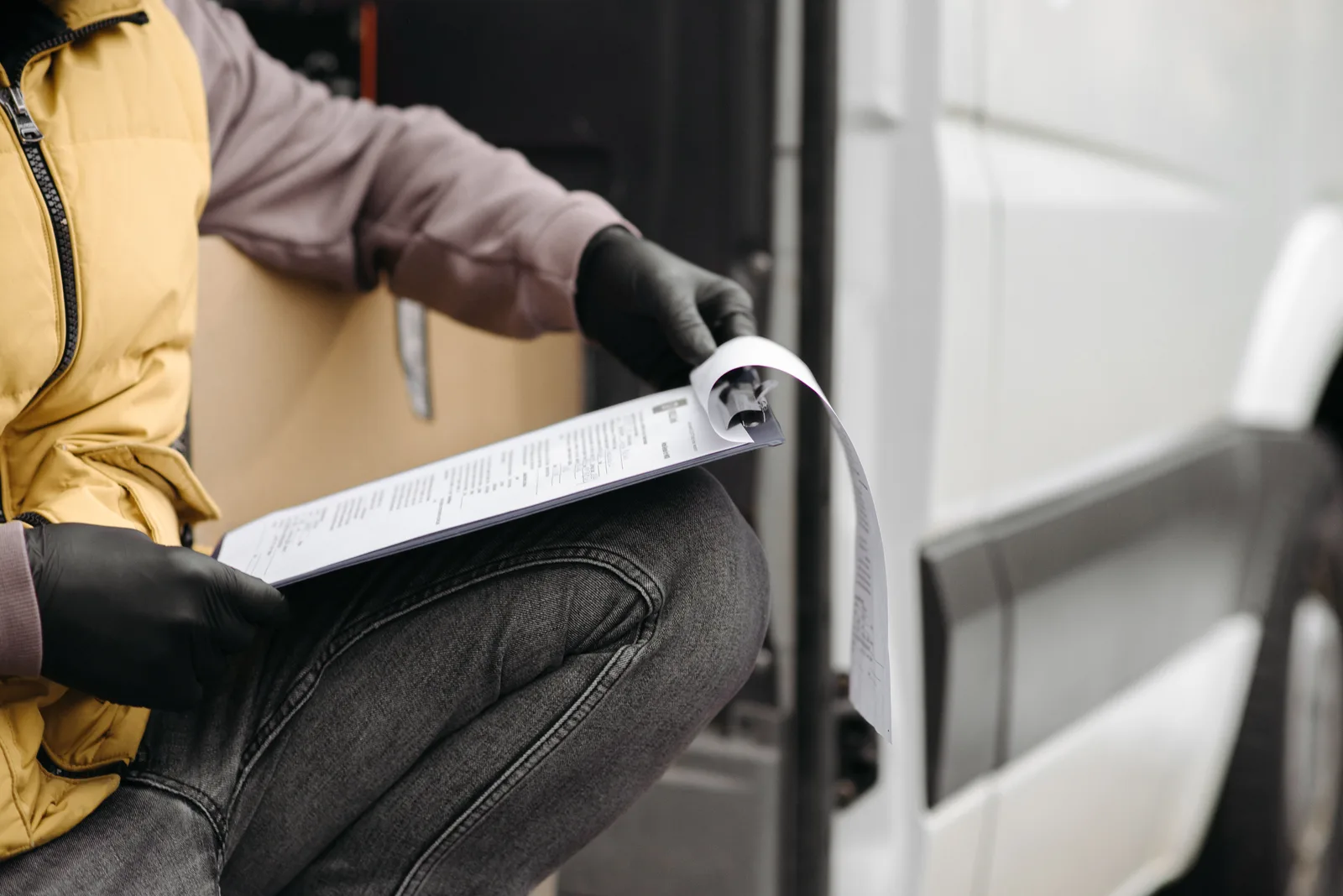 A driver wearing gloves reading a long printed manifest at the open back of a van