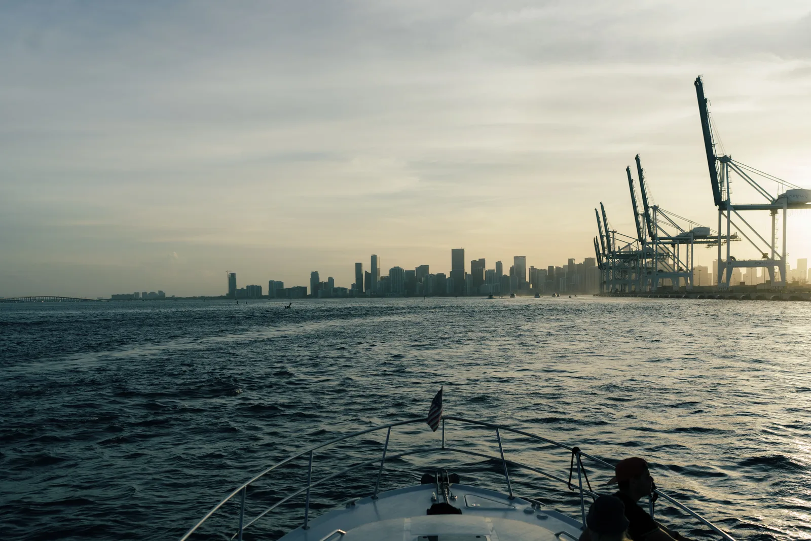 Shipping cranes at a port with the city skyline behind them