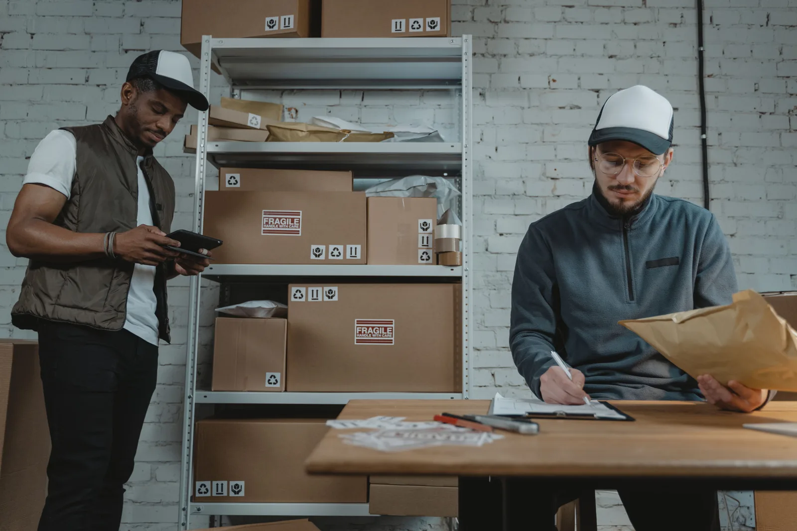 Workers filling in paperwork at a desk