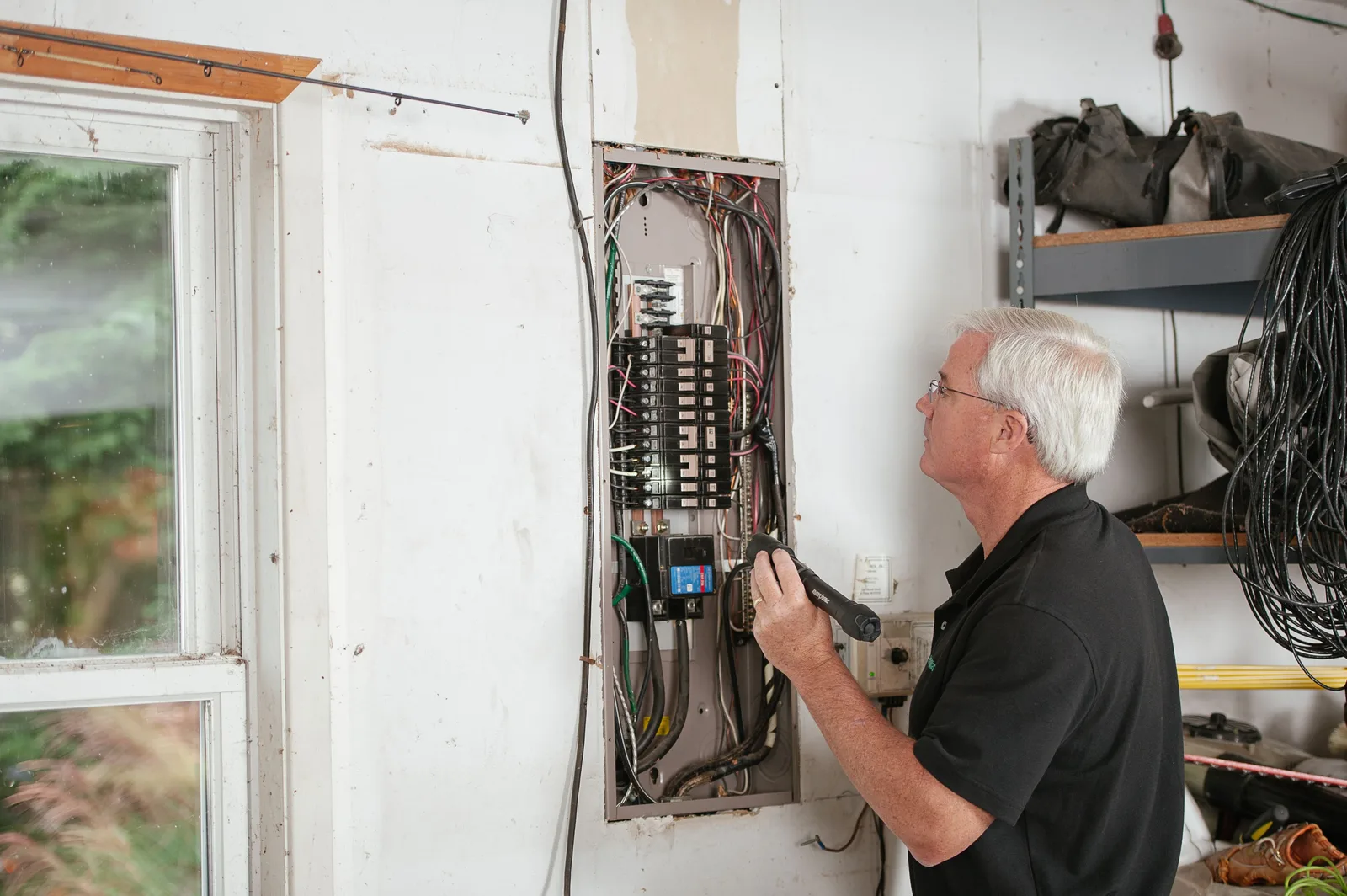 An electrician tests a wall mounted breaker panel with a handheld voltage tester