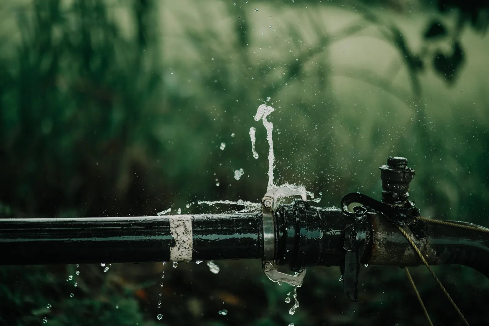 Water spraying from a split in a pipe running through long grass