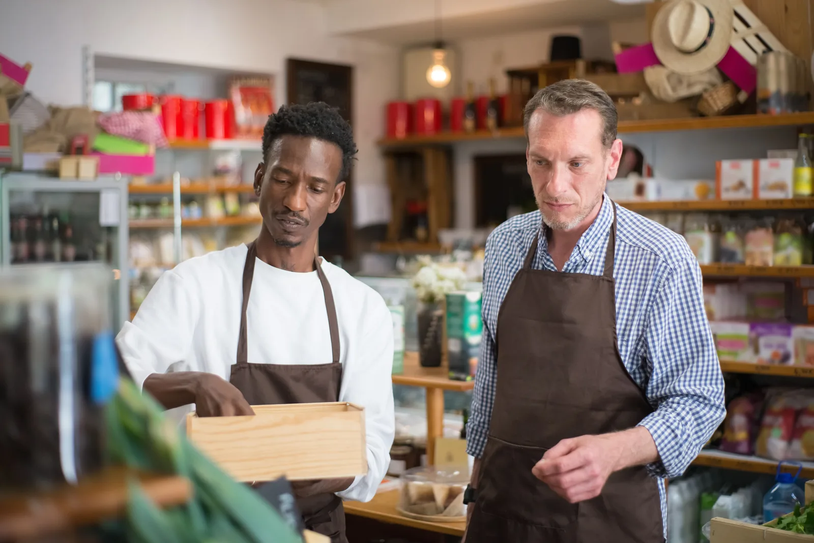 Two men in aprons handling a wooden crate in a small grocery store stocked with produce and packaged goods.