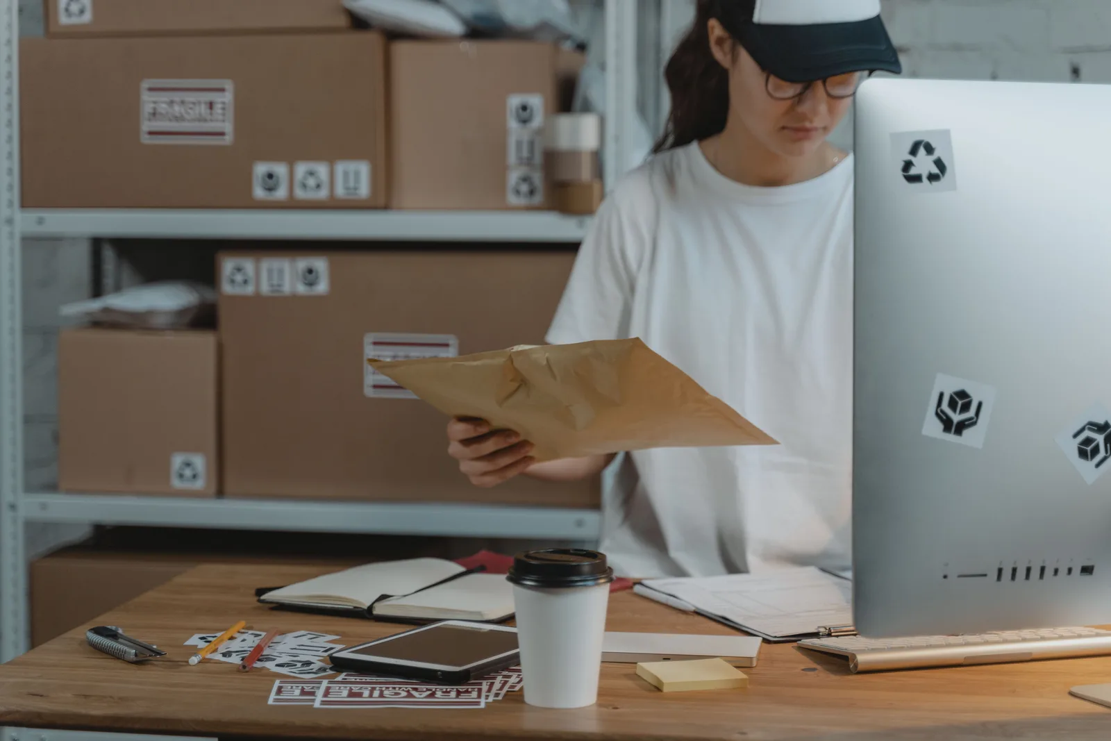 Worker sorting parcels at a desk in a small dispatch office