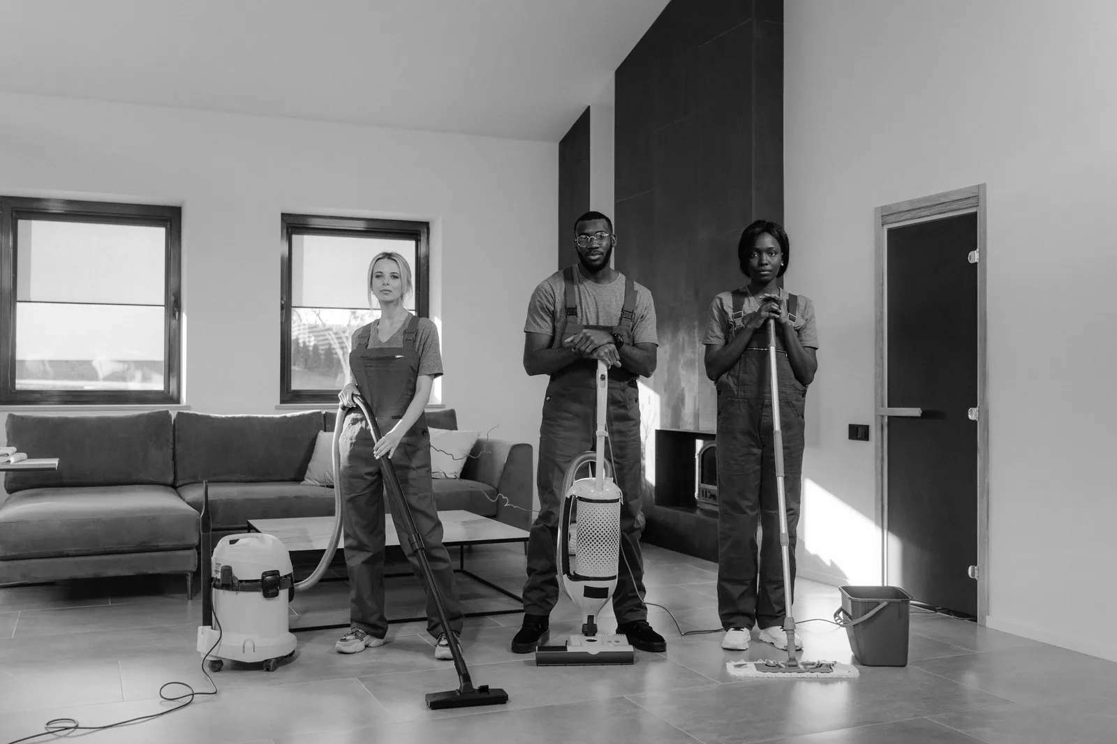 Three cleaners in uniform standing with a vacuum and cleaning equipment before starting a job.