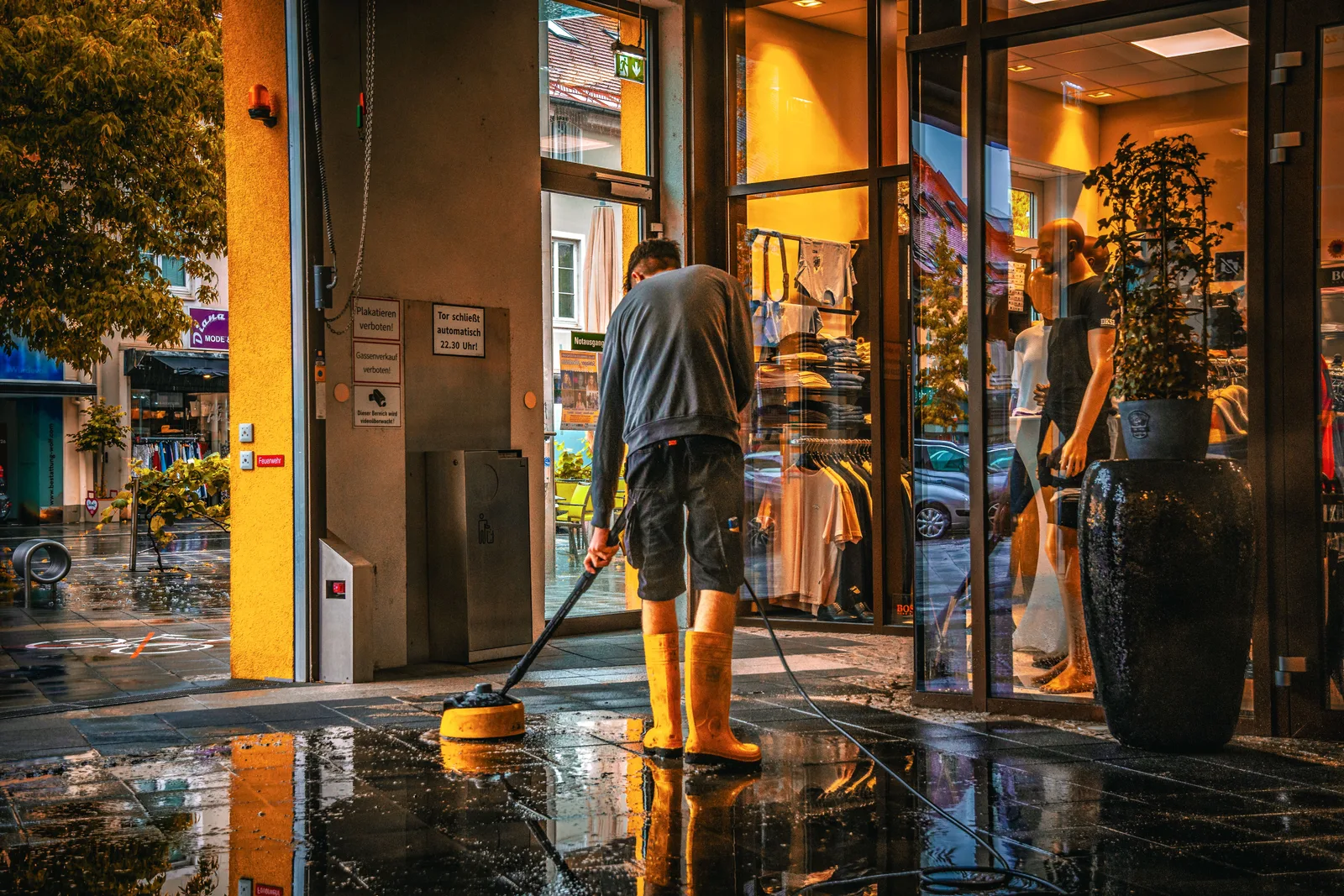 A worker sweeping and washing the entrance of a shop from the pavement on a wet day.
