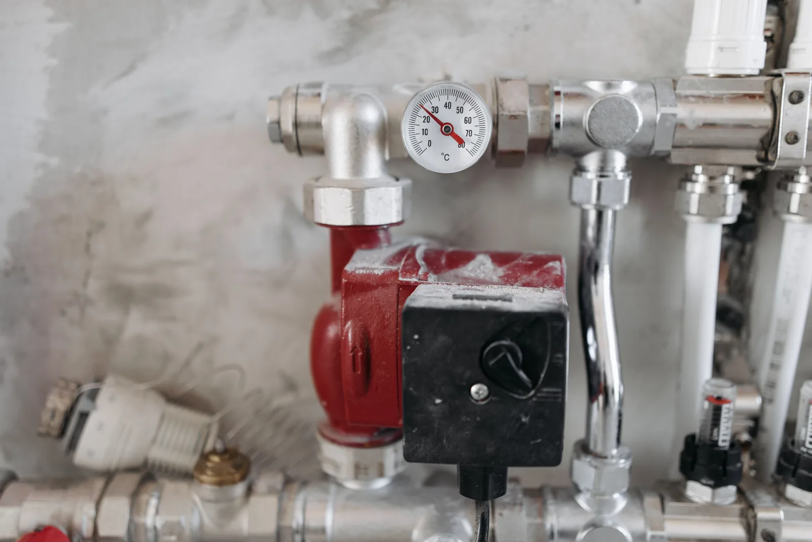 Close up of a steel heating pipe assembly with a pressure gauge fitted to it