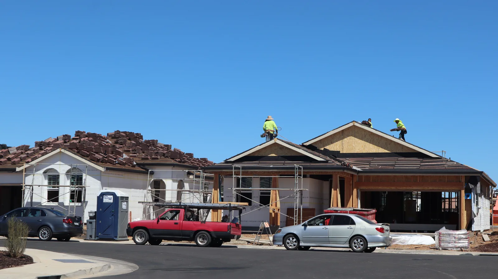 Roofing materials delivered to a new home construction site