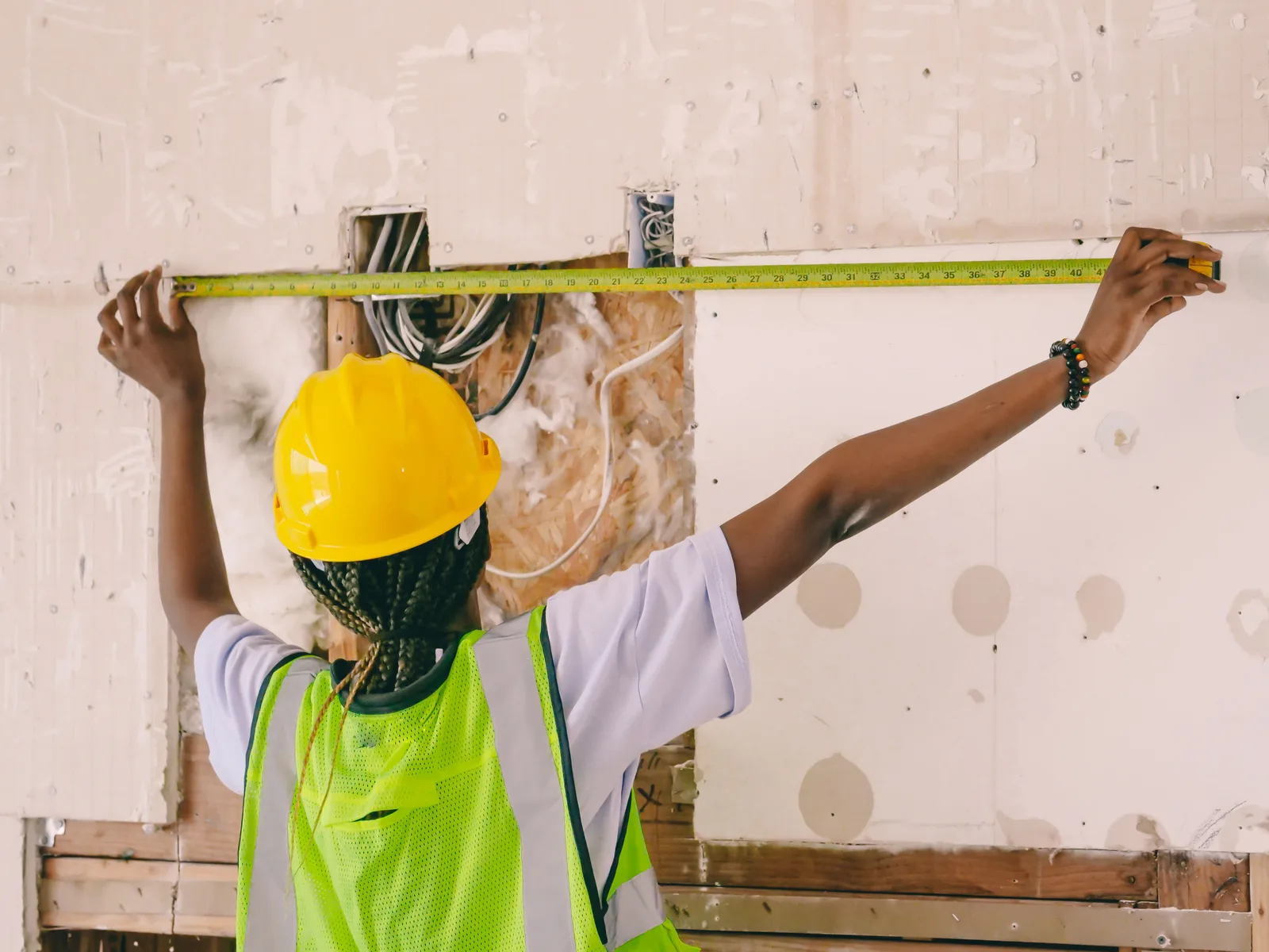 Contractor measuring during an interior wall buildout