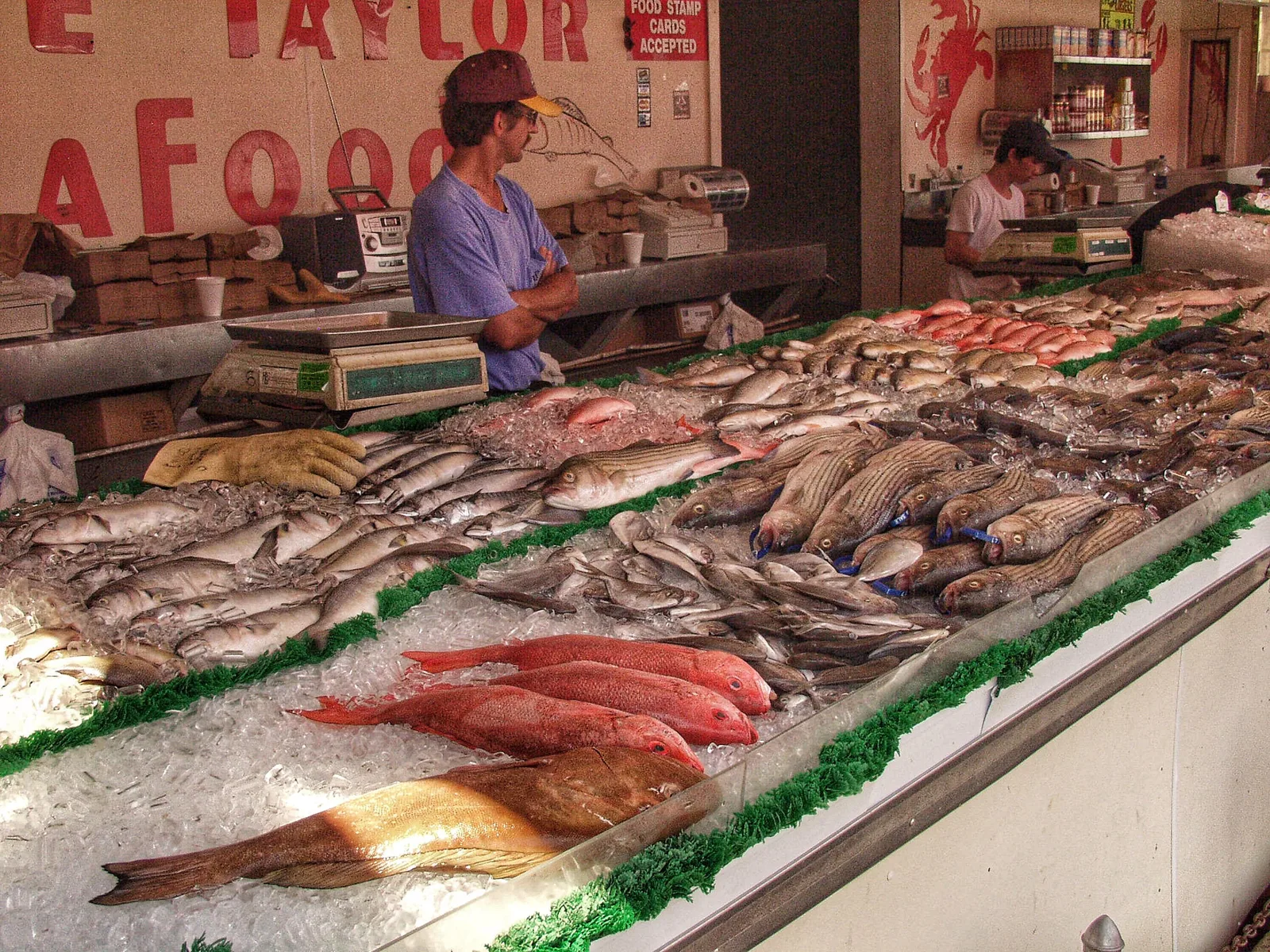 Un vendedor detrás de un mostrador de pescados frescos en un mercado, con pescado fresco sobre hielo frente a él y un segundo trabajador en las básculas
